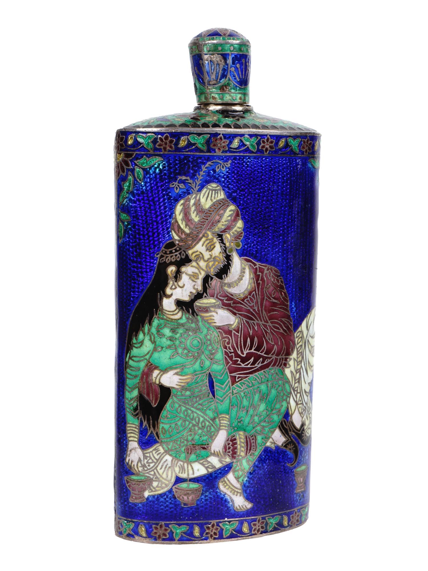 INDIAN SILVER AND ENAMEL FLASK W COURTING SCENE PIC-0